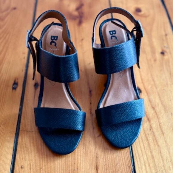 BC Heeled Black Leather Ankle Strap Sandals, Size 7 - Picture 3 of 9